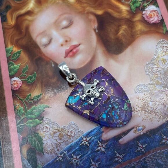 Skull Copper Purple Turquoise Sterling Silver Pendant - Picture 6 of 7